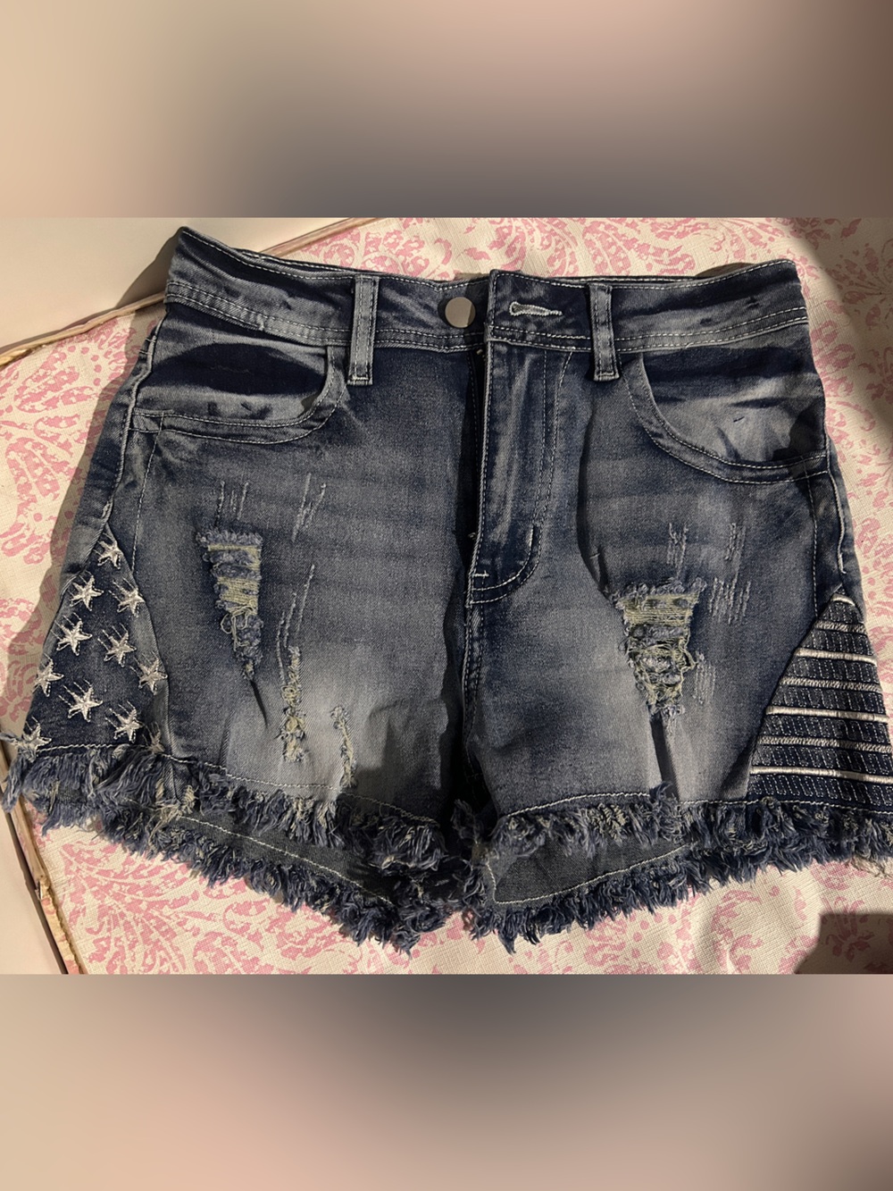 SHEIN Dark Blue Distressed Denim Shorts with Star Accent